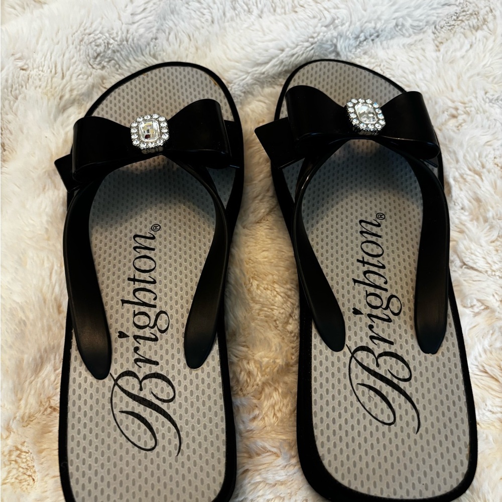 Brighton Black Bow Wedge Sandals with Jewel Accent